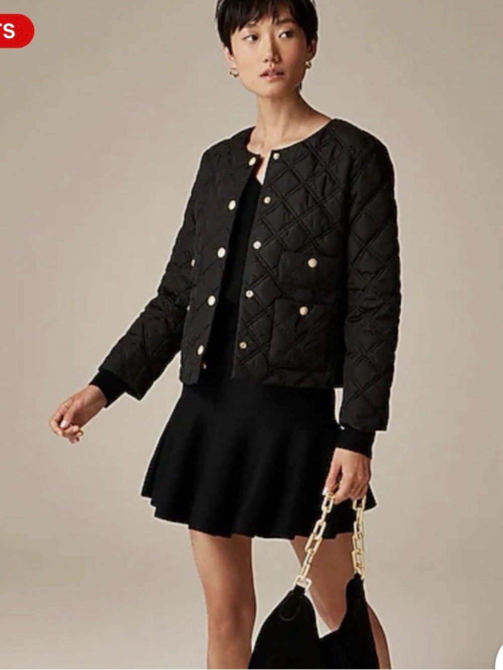 J. Crew Black Quilted Puffer Lady Jacket with Gold Snap Buttons